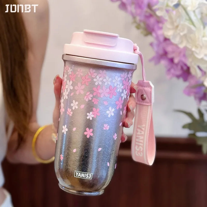 18oz Sakura Titanium Thermal Water Bottle With Straw Stainless Steel Vacuum Thermos Mugs Hot Coffee Tumbler Cup Christmas Gift