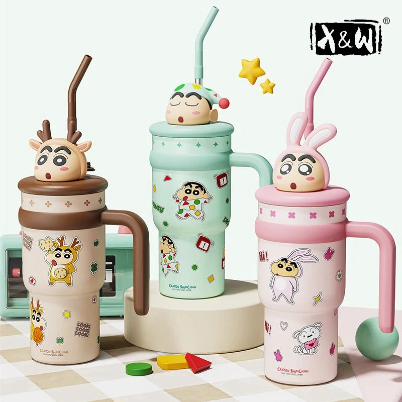 X&W 700ML Crayon Shin Chan Straw Cup 316/304 Stainless Steel+PP Doll Head Insulated Cup Waterbottle Household Creative Gifts