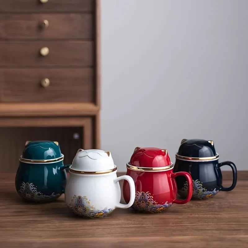 Lucky Cat Ceramic Office Cup Tea Water Separation Cup with Lid Filter Tea Cup Coffee Cup Animal Shape