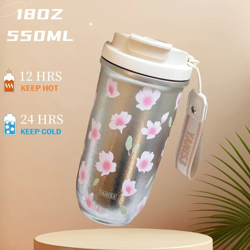 18oz Sakura Titanium Thermal Water Bottle With Straw Stainless Steel Vacuum Thermos Mugs Hot Coffee Tumbler Cup Christmas Gift