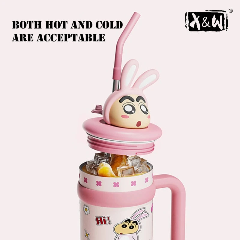 X&W 700ML Crayon Shin Chan Straw Cup 316/304 Stainless Steel+PP Doll Head Insulated Cup Waterbottle Household Creative Gifts